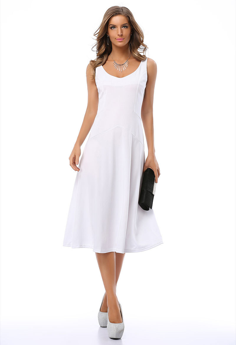 F2500 ELEGANT SLEEVELESS WHITE FIT AND FLARED GOING OUT MIDI DRESS